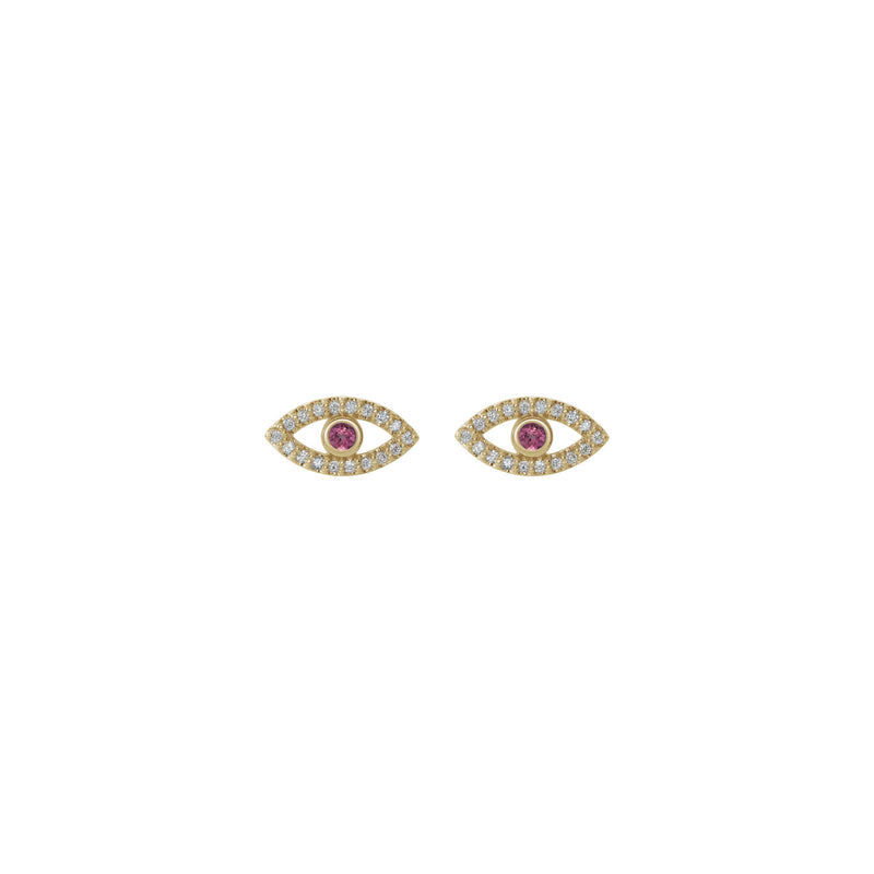 Pink Tourmaline and White Sapphire Evil Eye Stud Earrings (14K) front - Popular Jewelry - New York