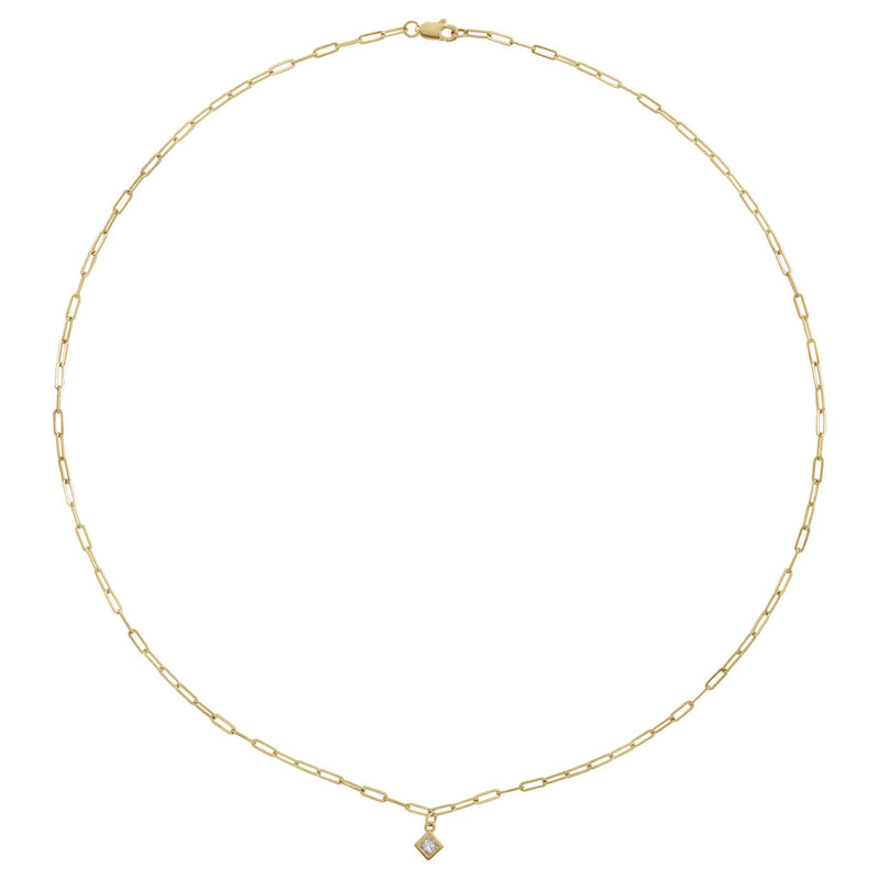 Square Diamond Bezel Solitaire Paperclip Necklace (14K) preview - Popular Jewelry - New York