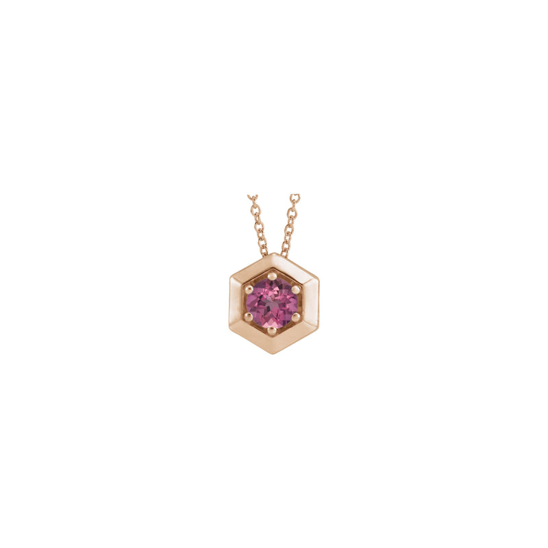 Natural Pink Tourmaline Solitaire Hexagon Necklace (Rose 14K) front - Popular Jewelry - New York