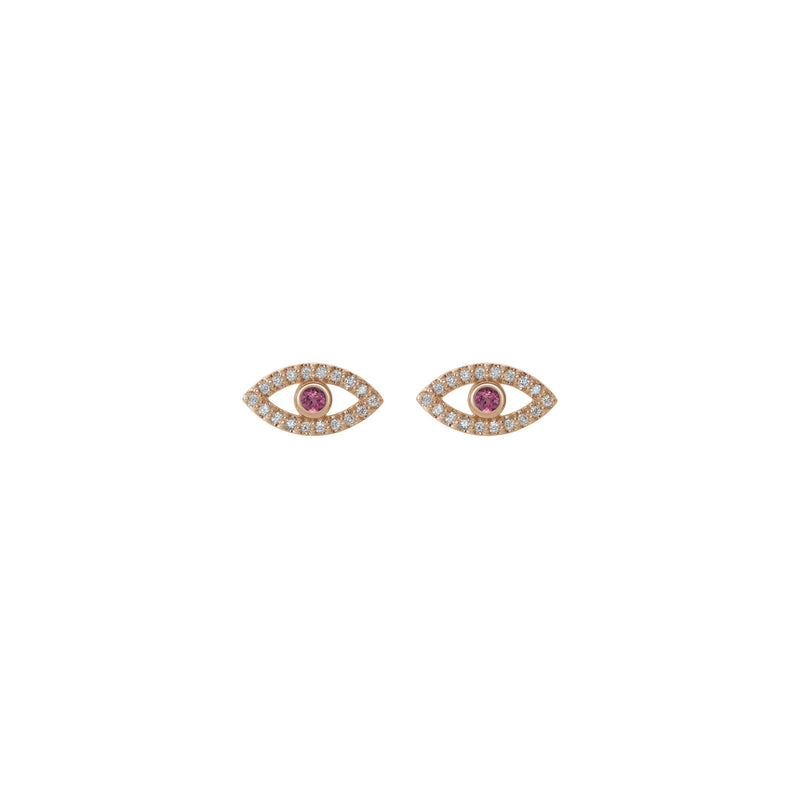 Pink Tourmaline and White Sapphire Evil Eye Stud Earrings (Rose 14K) front - Popular Jewelry - New York