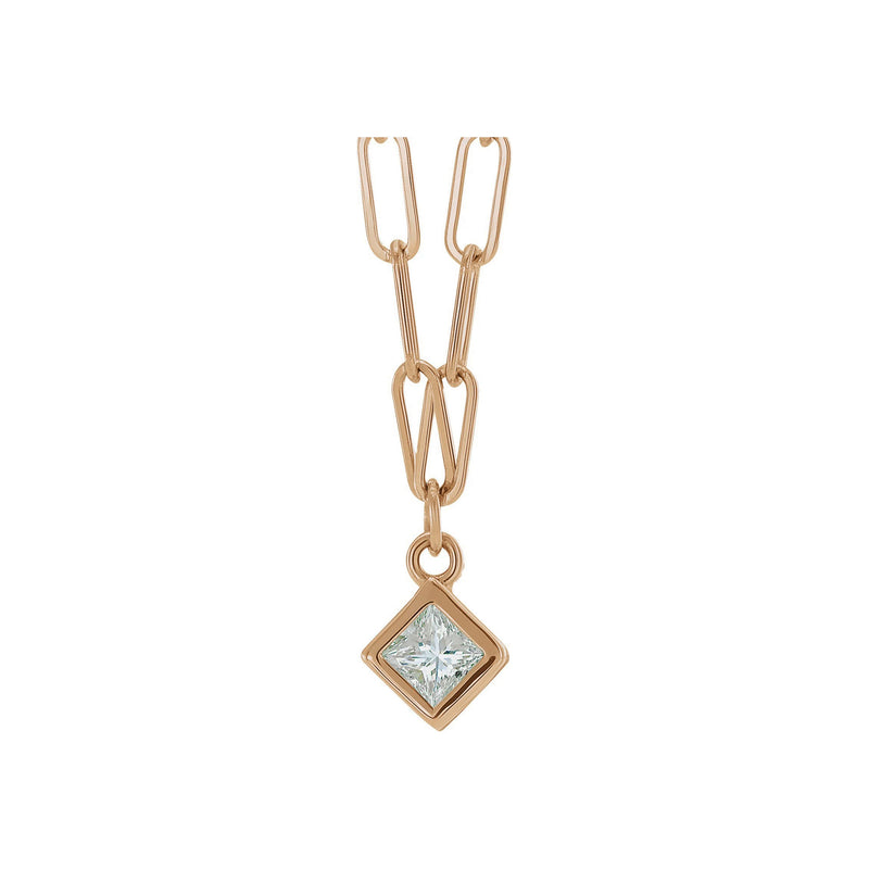 Square Diamond Bezel Solitaire Paperclip Necklace (Rose 14K) front - Popular Jewelry - New York