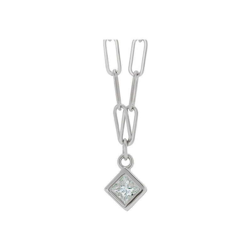 Square Diamond Bezel Solitaire Paperclip Necklace (White 14K) front - Popular Jewelry - New York