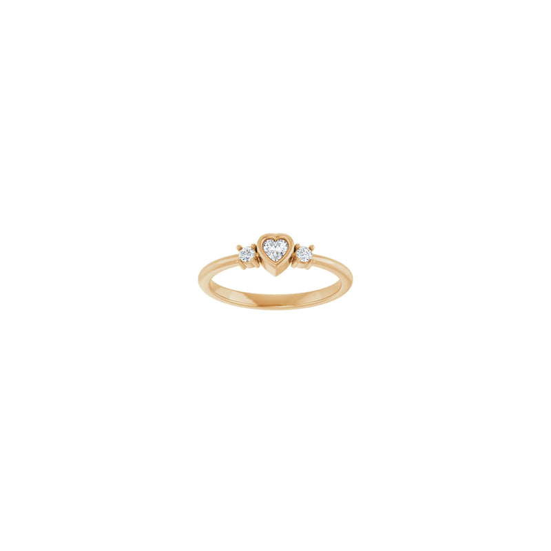 Front view of a 14k rose gold Bezel-Set Heart Diamond Three Stone Ring