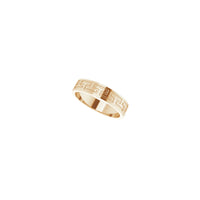 Diagonal view of a Greek Key patterned band made of 14K rose gold
