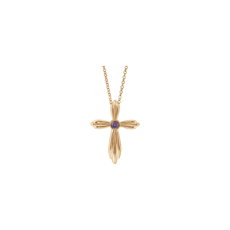 Front view of a 14k rose gold ribbed cross necklace featuring a bezel set round alexandrite gemstone