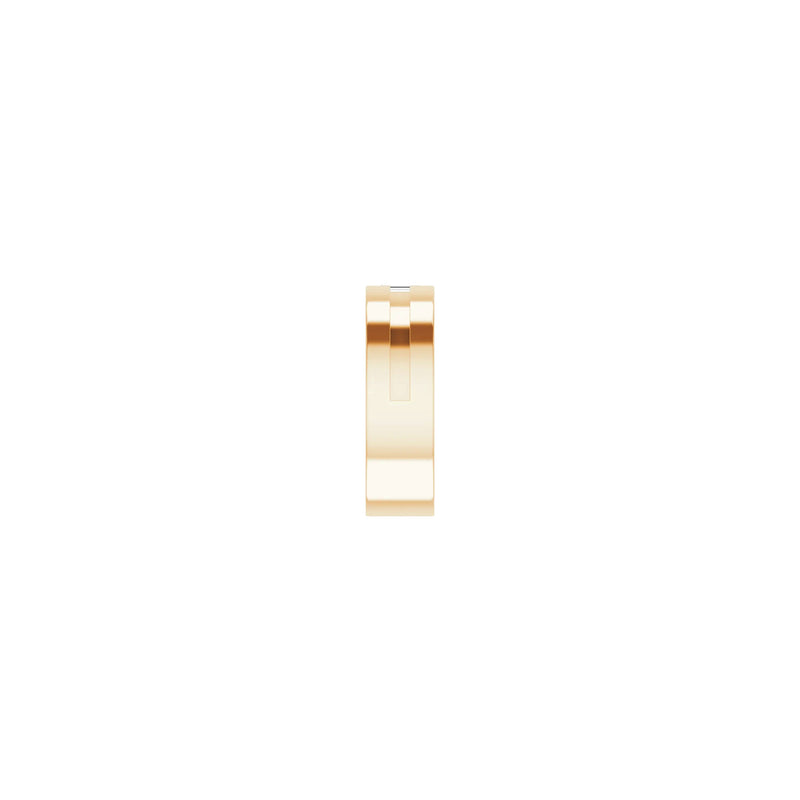 Side view of a 14k rose gold notched ring featuring a vertically set white straight baguette diamond in the center