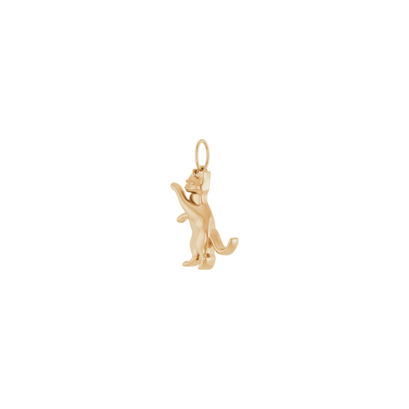 Diagonal view of a playful cat pendant made with 14k rose gold