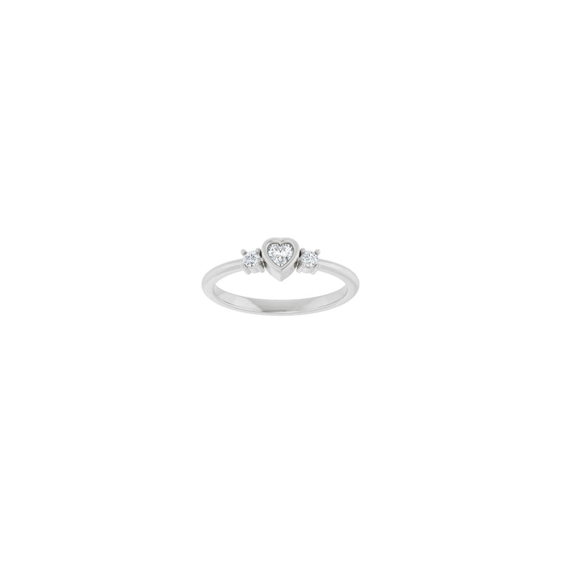 Front view of a 14k white gold Bezel-Set Heart Diamond Three Stone Ring