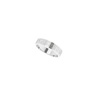Diagonal view of a Greek Key patterned band made of 14K white gold