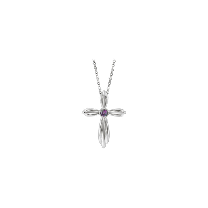 Front view of a 14k white gold ribbed cross necklace featuring a bezel set round alexandrite gemstone