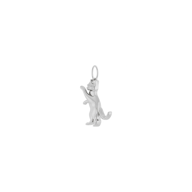 Diagonal view of a playful cat pendant made with 14k white gold