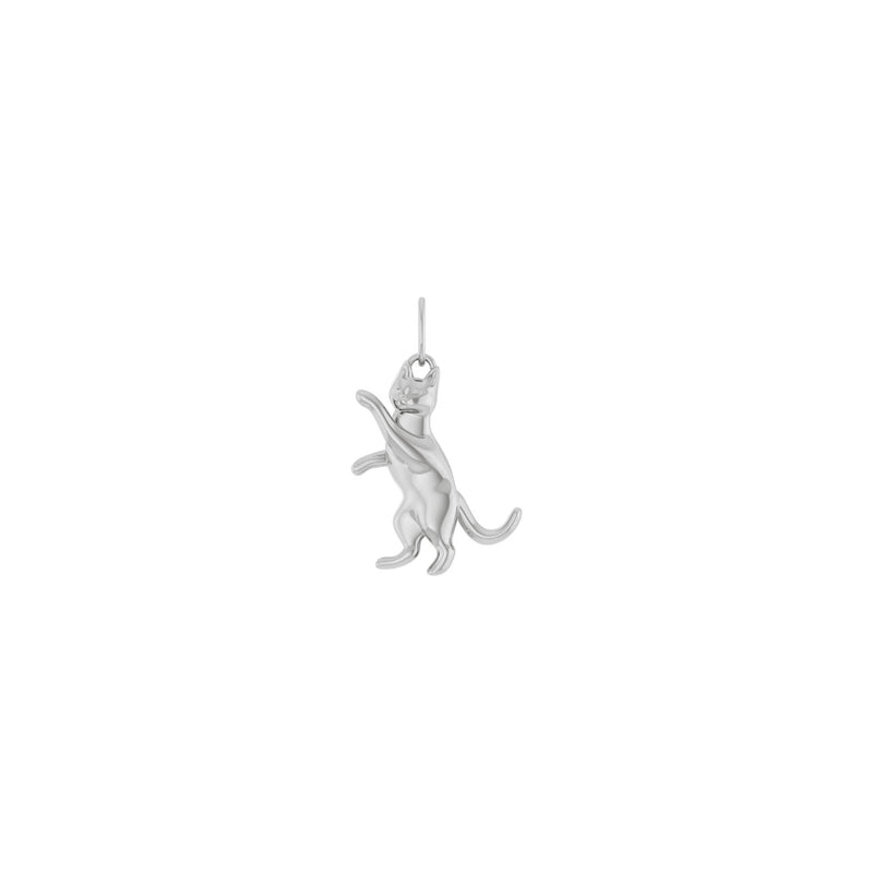 Front view of a playful cat pendant made with 14k white gold