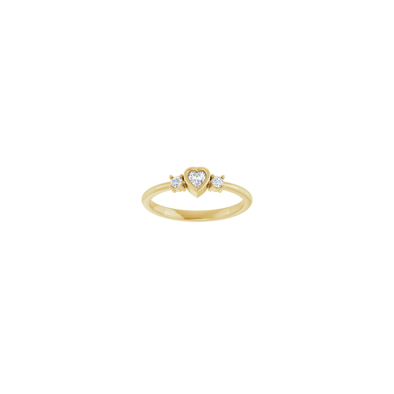 Front view of a 14k yellow gold Bezel-Set Heart Diamond Three Stone Ring