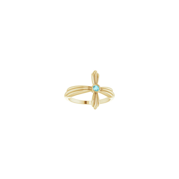 Natural Blue Zircon Sideways Ribbed Cross Ring