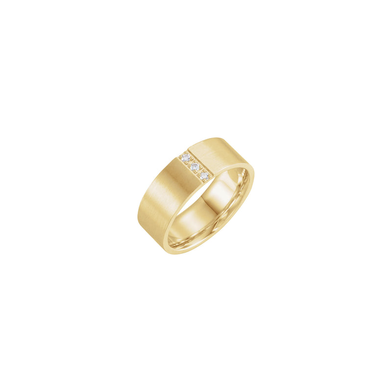 Main view of a 14k yellow gold ring featuring three vertically set round white diamonds in the center