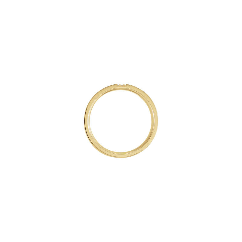 Upper view of a 14k yellow gold ring featuring three vertically set round white diamonds in the center