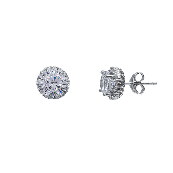 Zirconia Halo Round Stud Earrings (Silver)