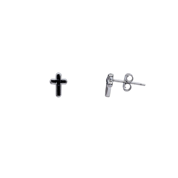 Black Onyx Cross Stud Earrings (Silver)