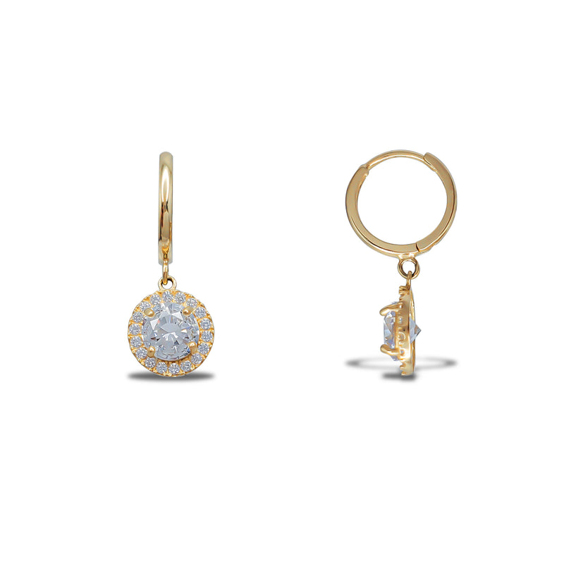 Zirconia Round Halo Hanging Huggie Earrings (14K)