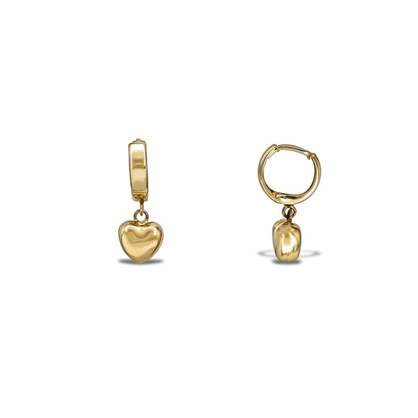 Puffy Heart Hanging Huggie Earrings (14K)