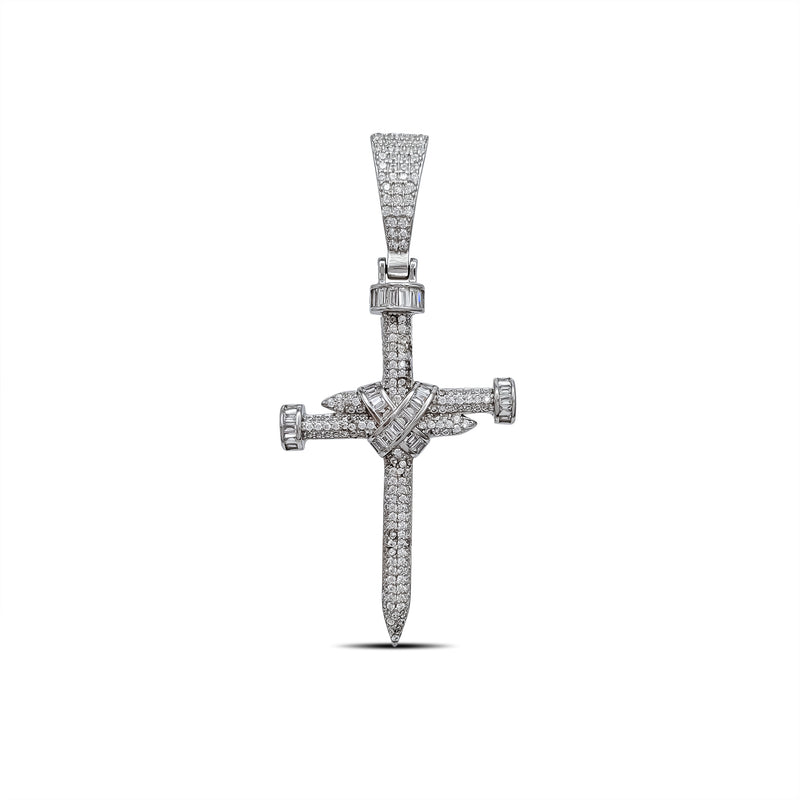 Iced-Out Nail Cross Pendant (Silver)