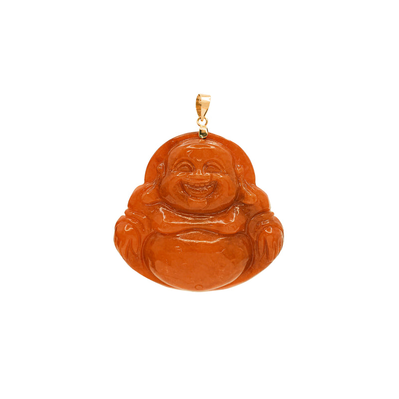 Orange Jade Laughing Buddha Pendant (14K)