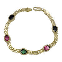 Bezel Set Color Gemstone Double Cable Link Bracelet (14K)