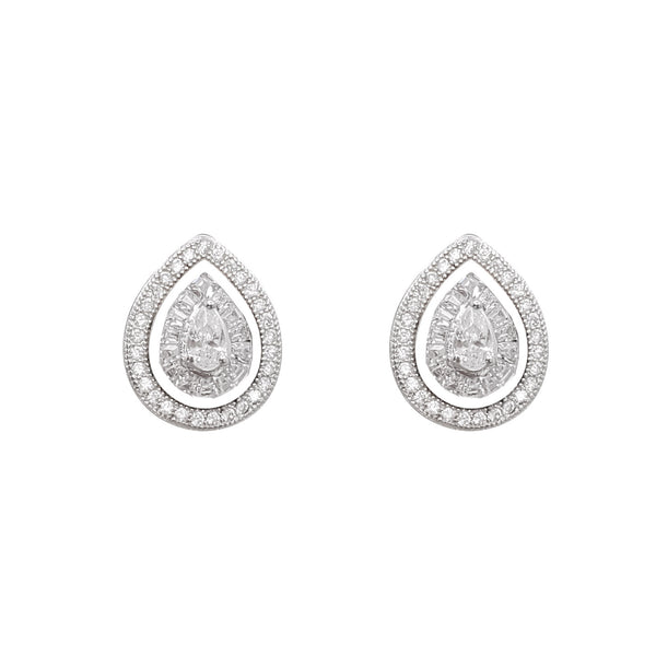 Cubic Zirconia Teardrop Stud Earrings (Silver)