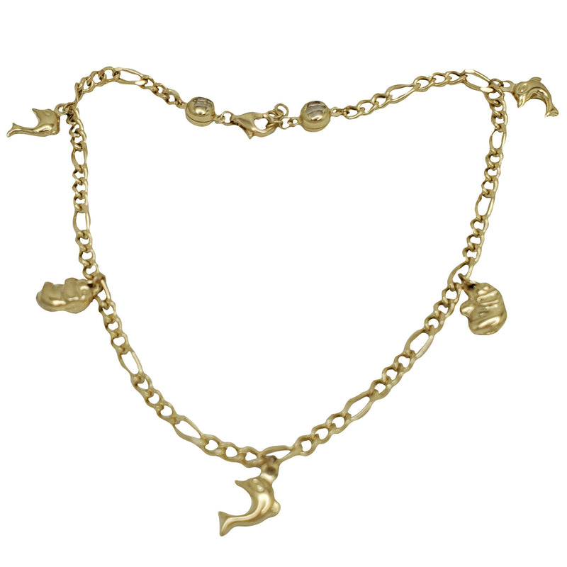 Elephant  and Dolphin Charms Anklet (14K)