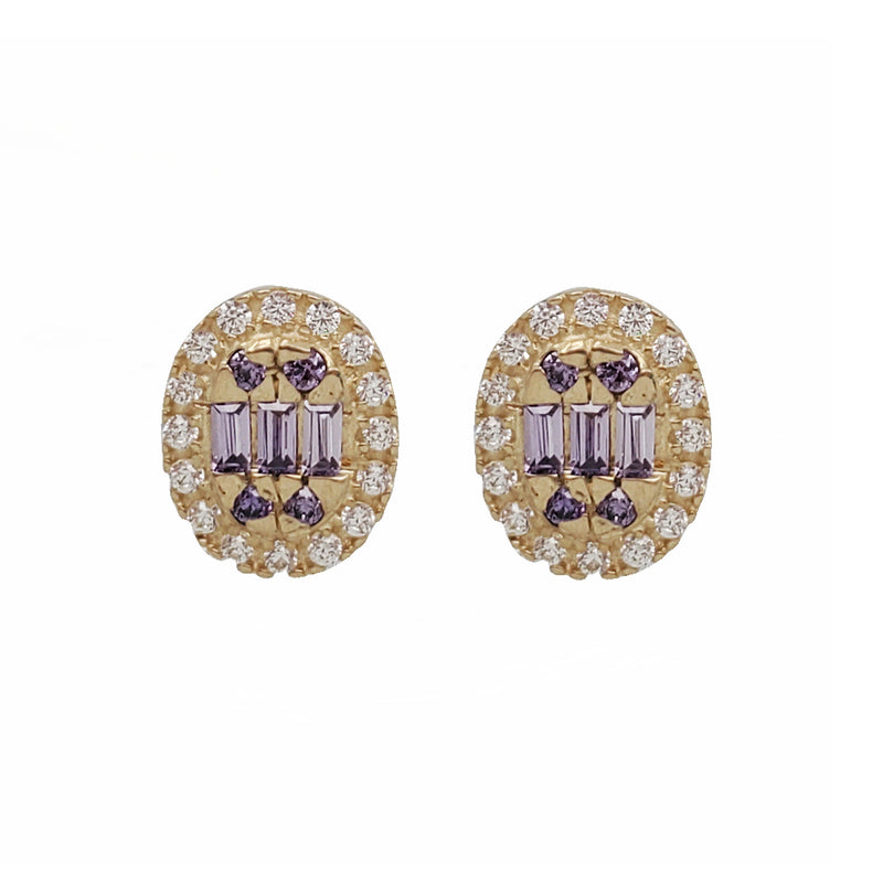 Zirconia Baguette Oval Stud Earrings (14K)