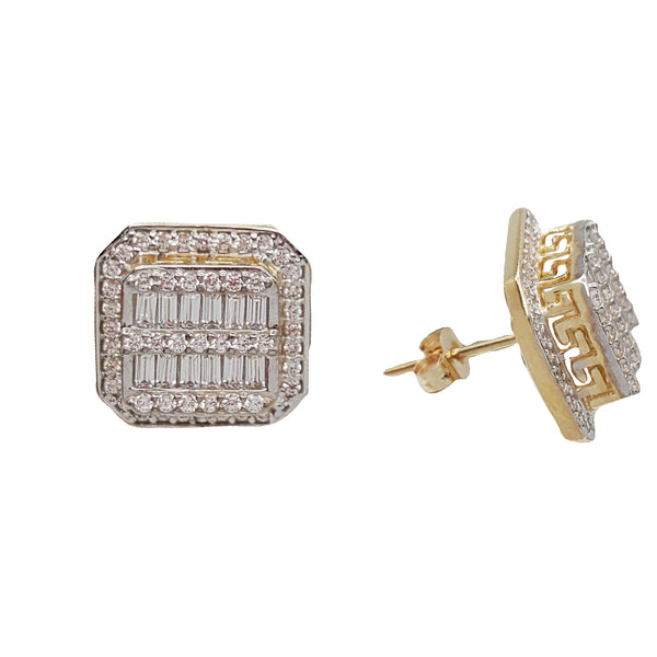 Zirconia Baguette Gree Key Stud Earrings (14K)