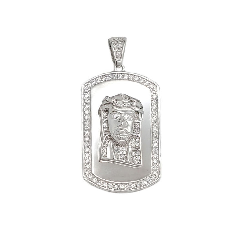 Iced-Out Jesus Head Dog Tag Pendant (Silver)