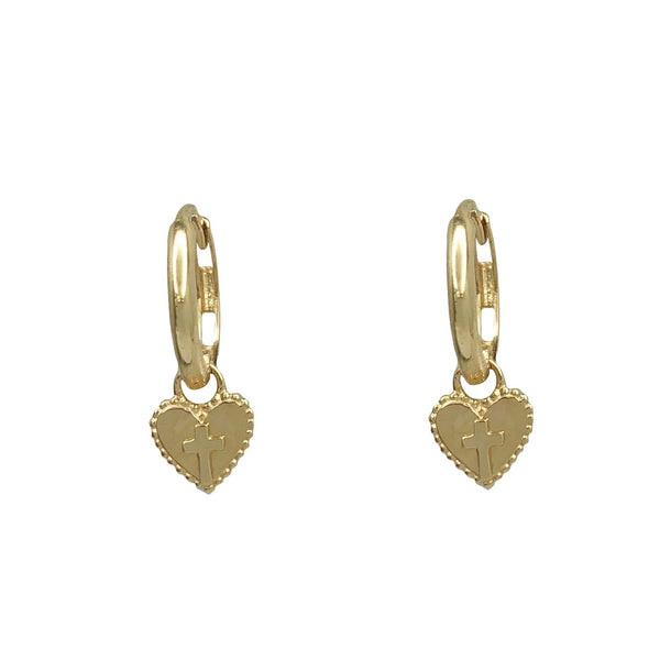 Heart & Cross Huggie Earrings (14K)