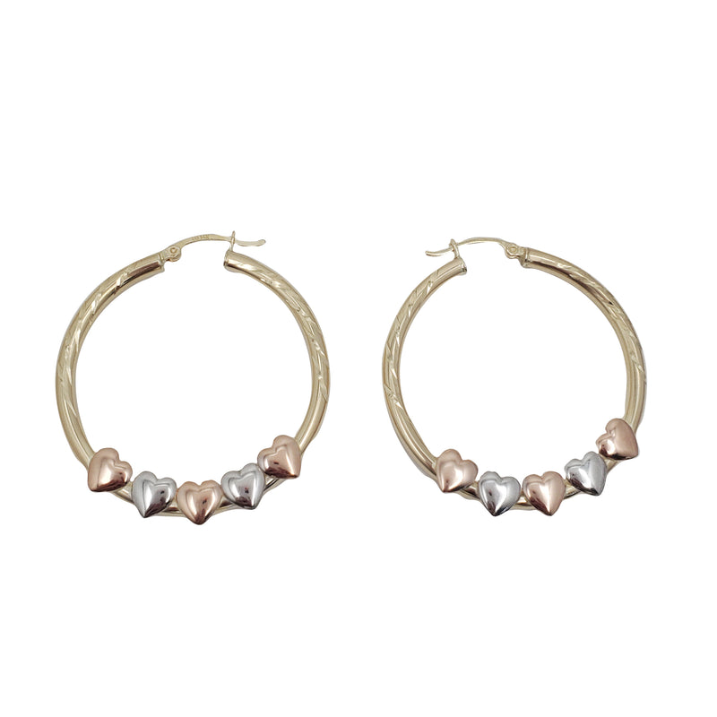 Tricolor Heart Hoop Earrings (14K)