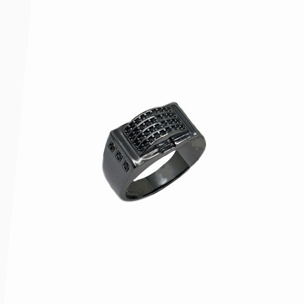 Men Geometric Micro Rectangle Black Ring (Silver)