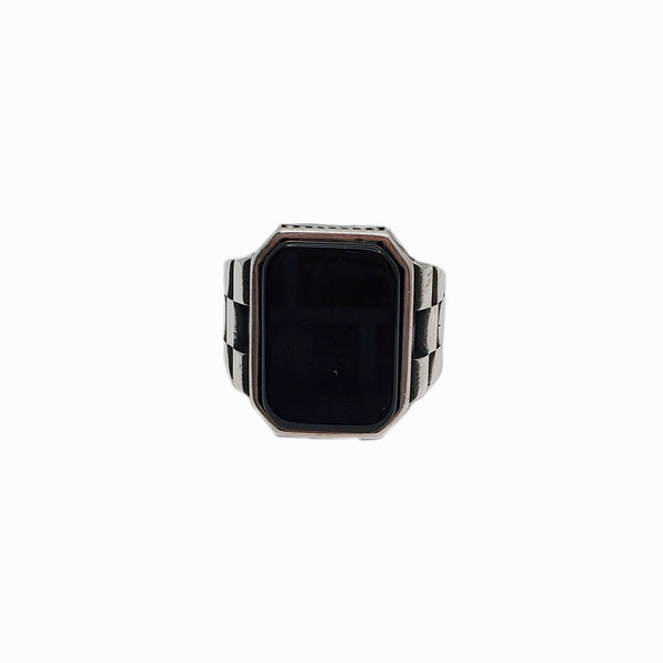 Black Onyx Watch Band Ring (Silver)