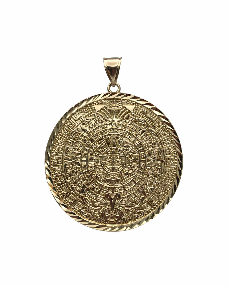 Diamond Cut Round Aztec Calendar Pendant (14K)