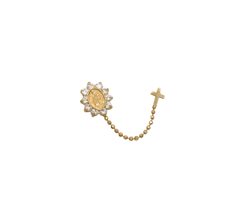 Zirconia Virgin Mary & Cross Chain Stud Earring (14K)