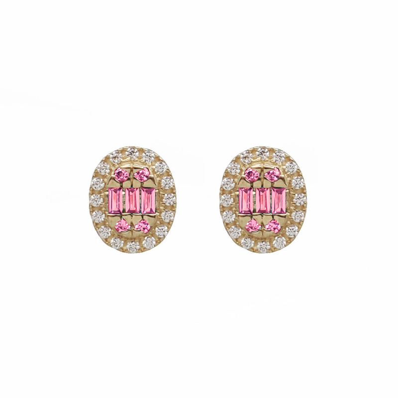 Zirconia Baguette Oval Stud Earrings (14K)