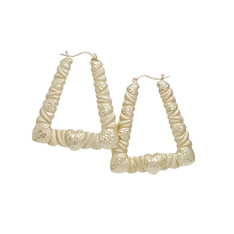 Textured Bamboo Heart Rectangle Hoops Earrings (10K)