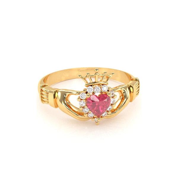 Red Stone Zirconia Claddagh Ring (14K)