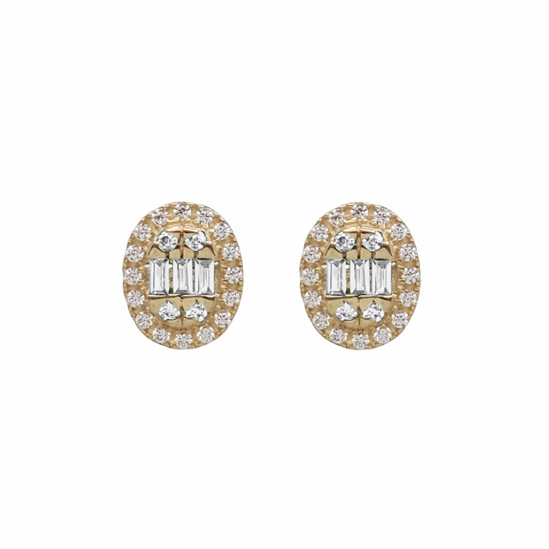 Zirconia Baguette Oval Stud Earrings (14K)