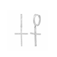 Diamond Cross Dangling Huggie Earrings (14K)