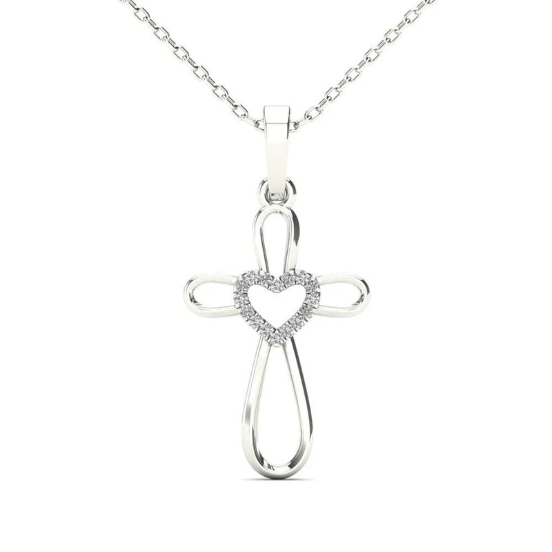 Diamond Heart Outline Cross Pendant (14K)