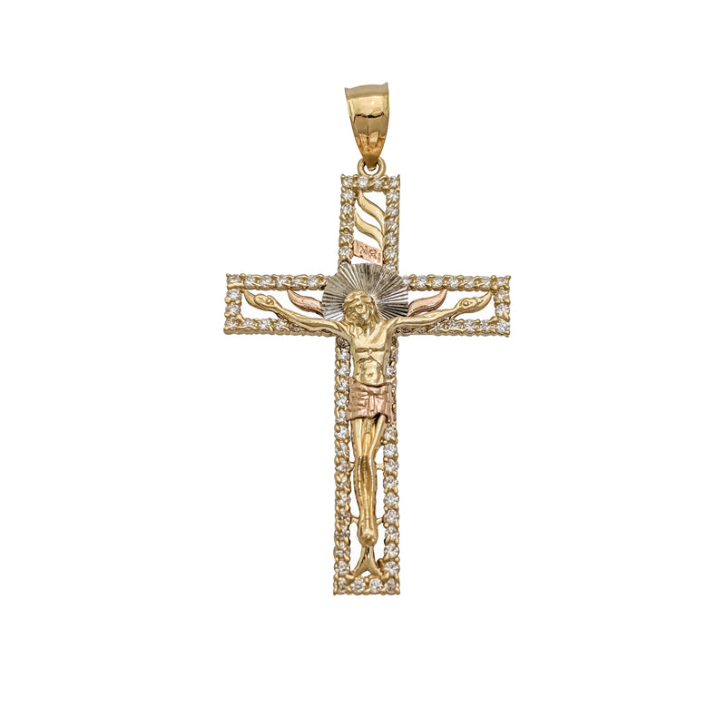 Tri-Tone Jesus Fancy CZ Cross (14K)