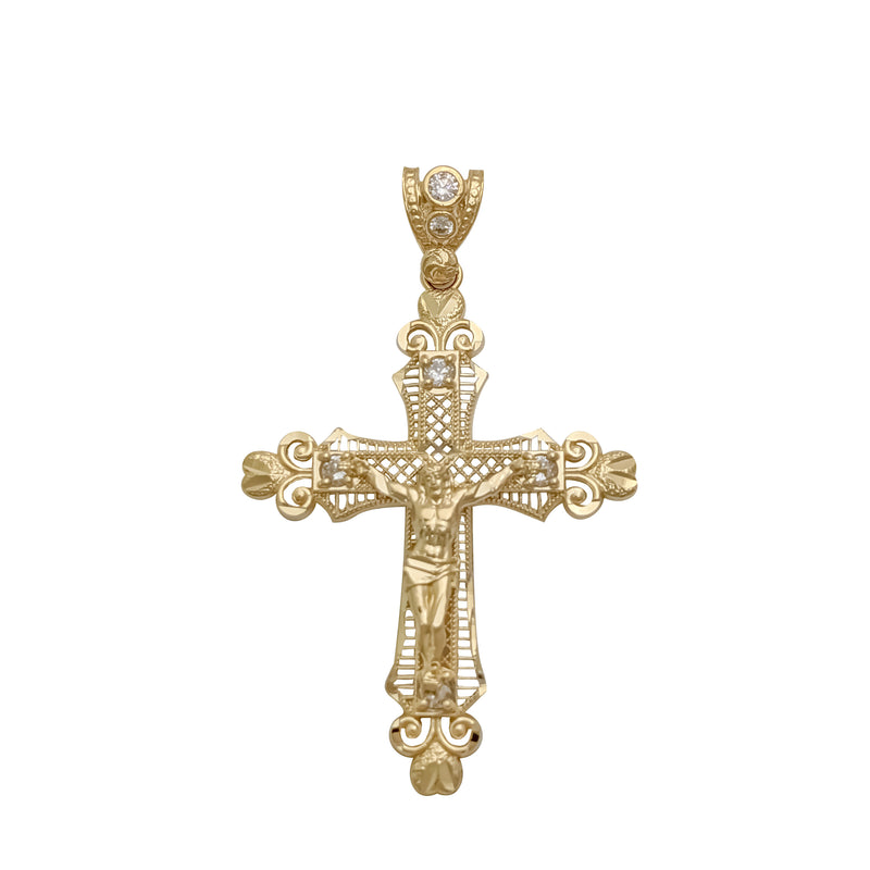 Fleur de Lys border Jesus Cross Pendant (14K)