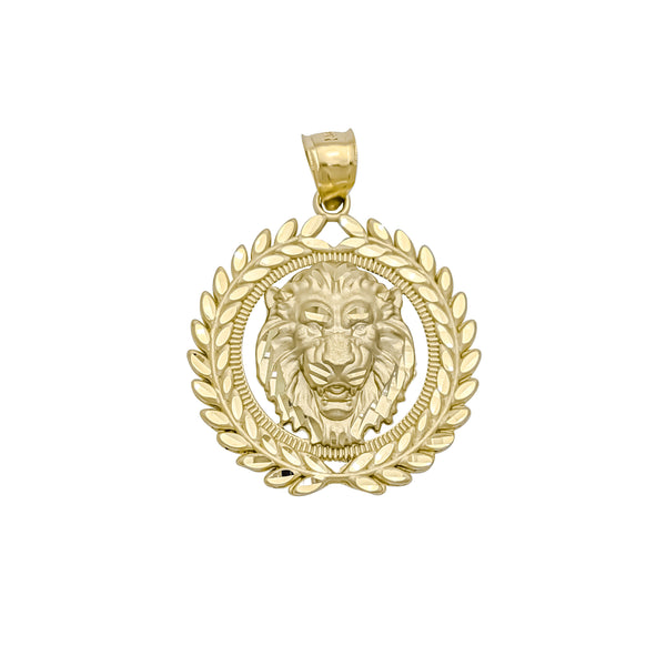 Lion Head Round Framed Leaf Diamond-Cut Pendant (14K)