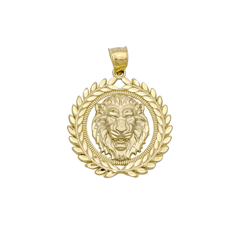 Lion Head Round Framed Leaf Diamond-Cut Pendant (14K)