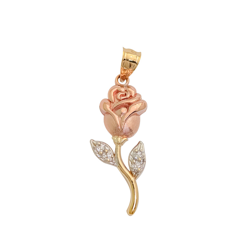 Tricolor Long Stem Rose Textured Flower Pendant (14K)