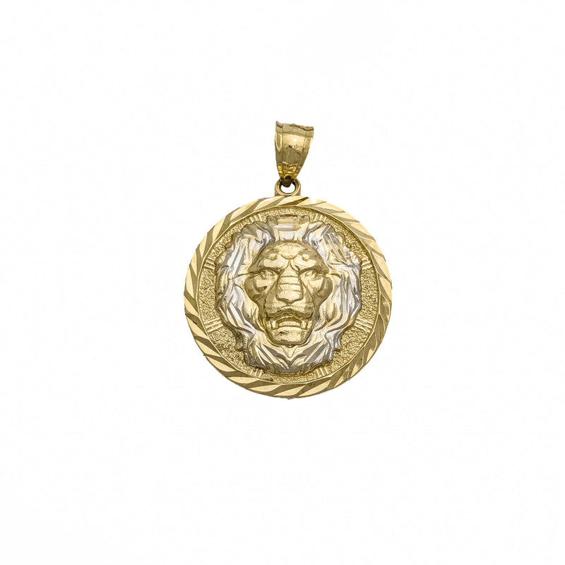 Two-tone Round Lion Diamond Cut Pendant (10K)